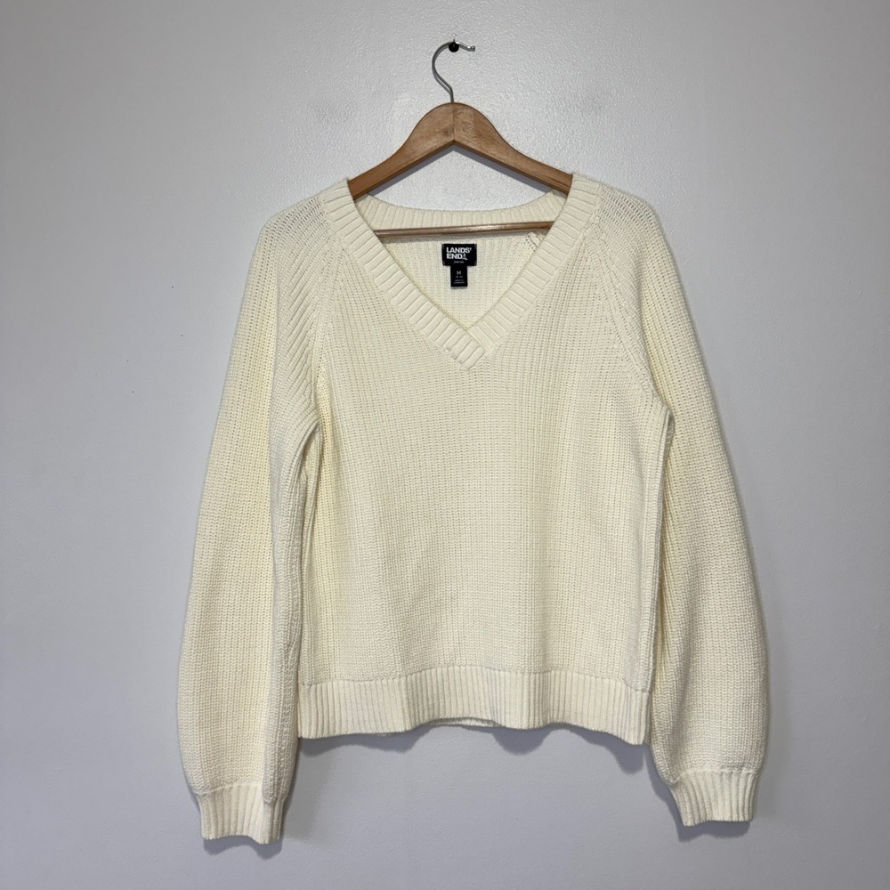 Lands End Drifter Cream V Neck Sweater Women M Ribbed Cotton Knit Casual